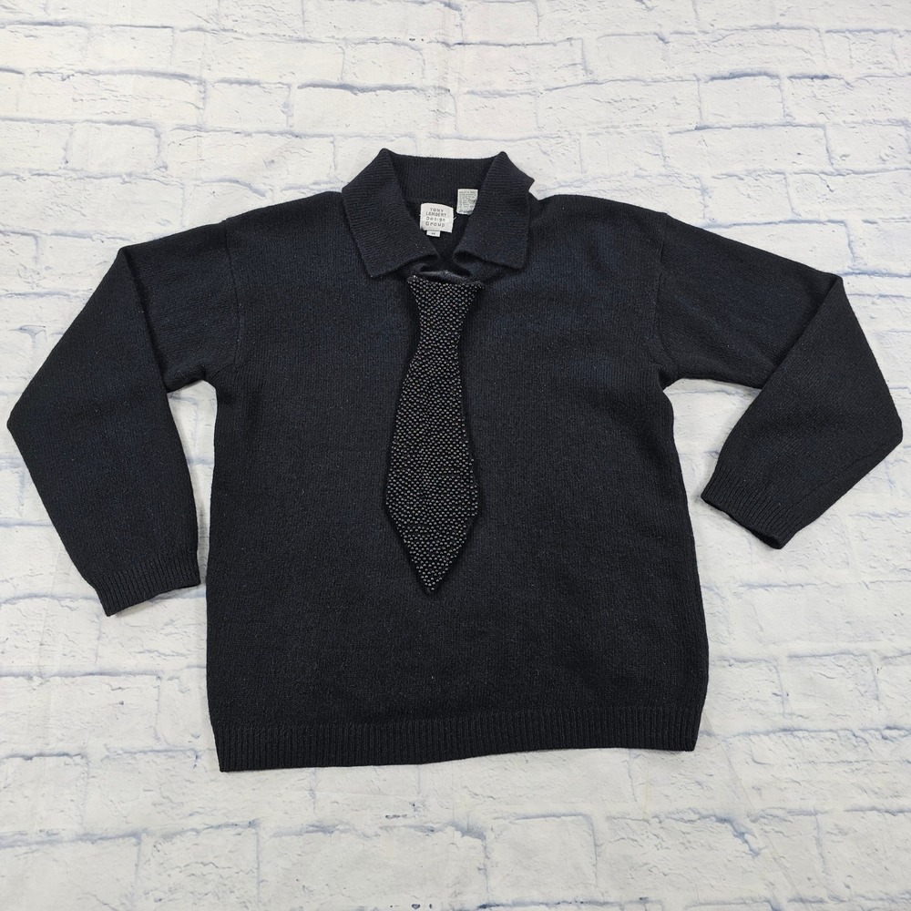 Tony Lambert Design Sweater Womens M Lambswool Rabbit Hair Black Beaded Tie